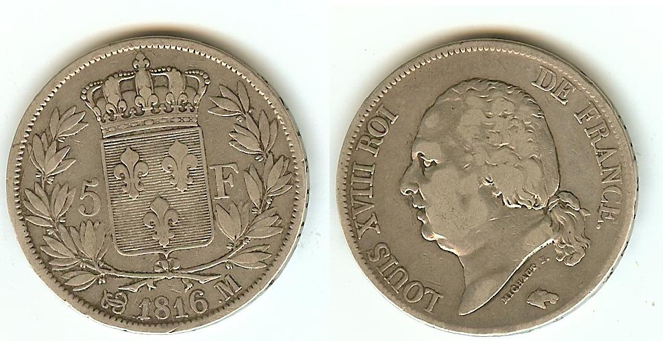 5 Francs Louis XVIII 1816M Toulouse F+/VF